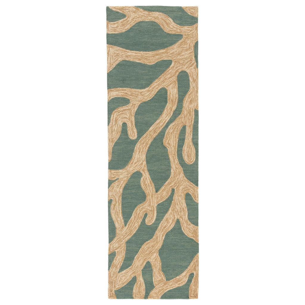 Jaipur Living Coral Indoor/ Outdoor Abstract Teal/ Tan Runner Rug (2'6"X8')