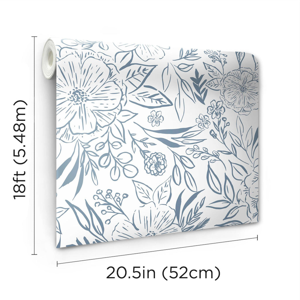 RoomMates Floral Sketch Peel & Stick Blue/White Wallpaper