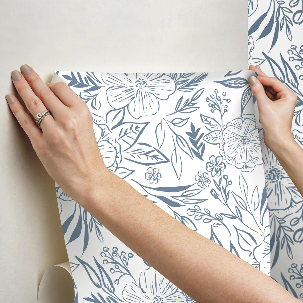 RoomMates Floral Sketch Peel & Stick Blue/White Wallpaper