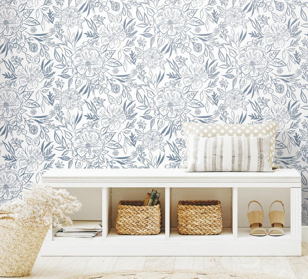 RoomMates Floral Sketch Peel & Stick Blue/White Wallpaper