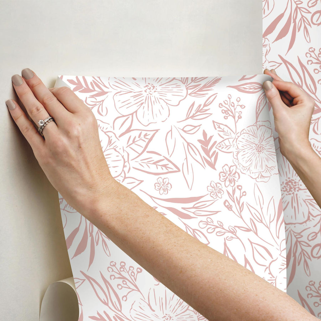 RoomMates Floral Sketch Peel & Stick Pink/White Wallpaper