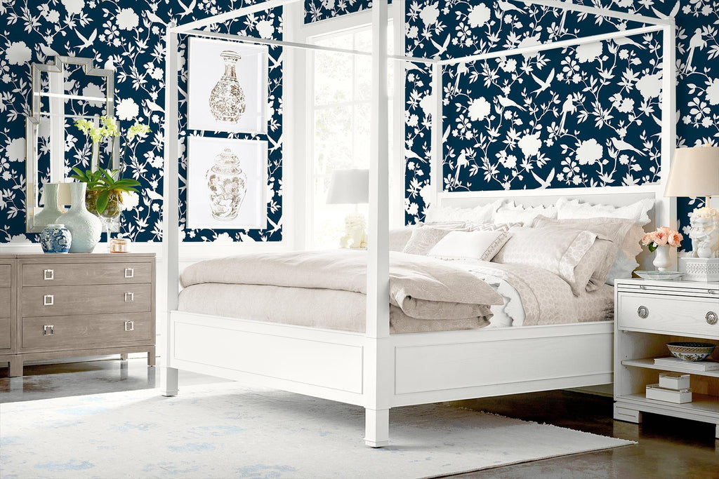 Seabrook Kauai Bird Toile Blue Wallpaper