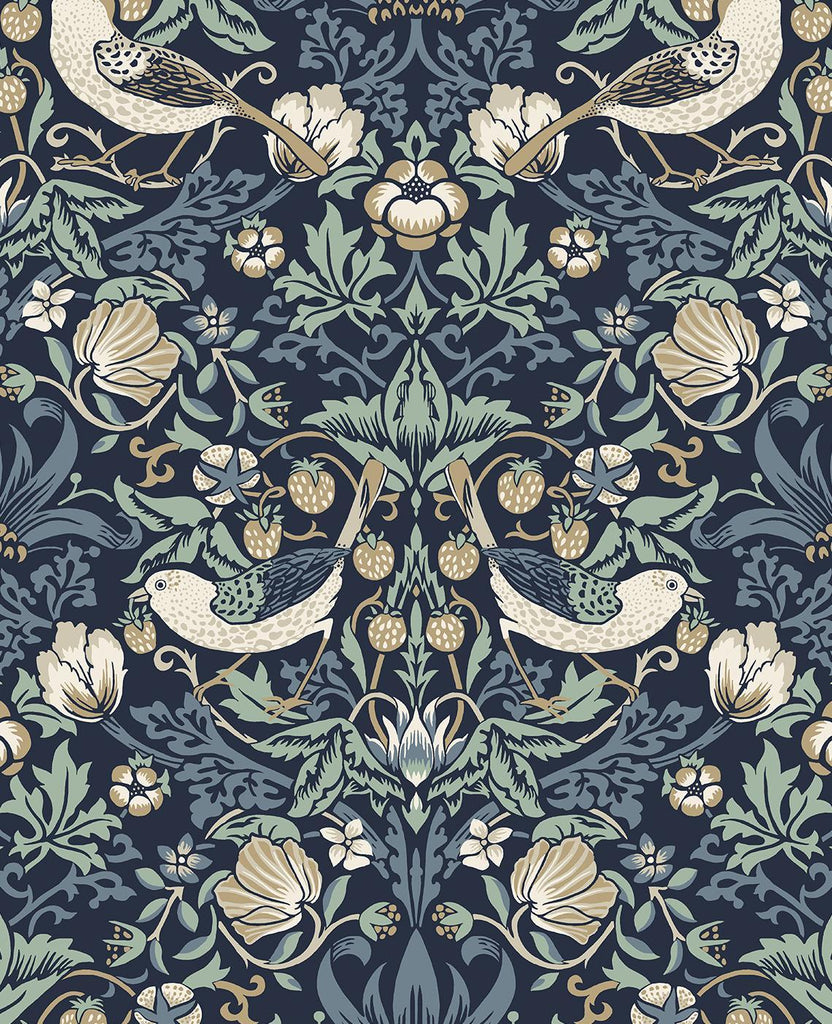 Seabrook Fragaria Garden Navy Blue & Aloe Wallpaper