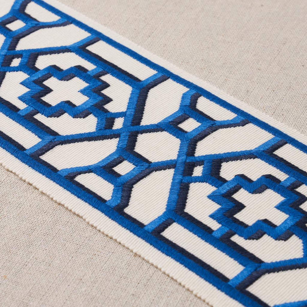 Schumacher Zanzibar Trellis Tape Blue Trim