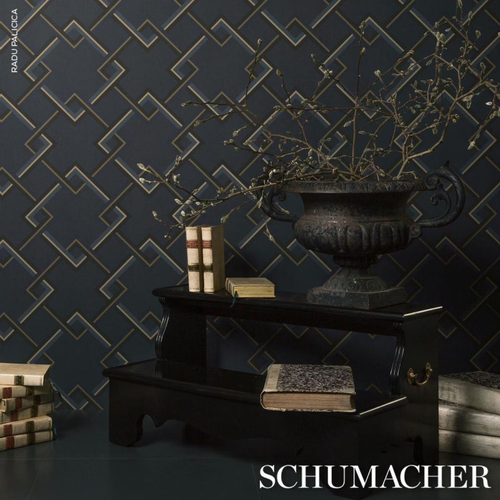 Schumacher Mah Jong River Blue Wallpaper