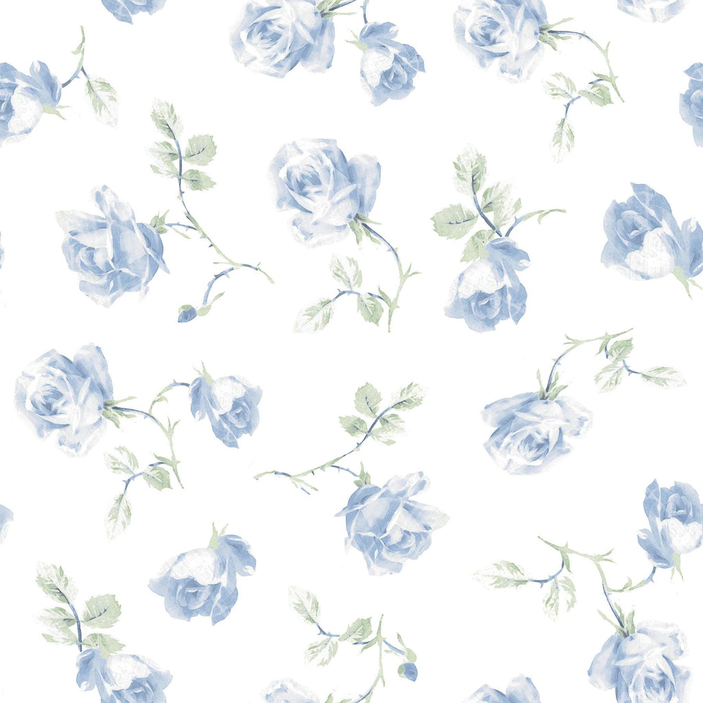 A-Street Prints Ribbon Rosa French Blue Loose Roses Wallpaper