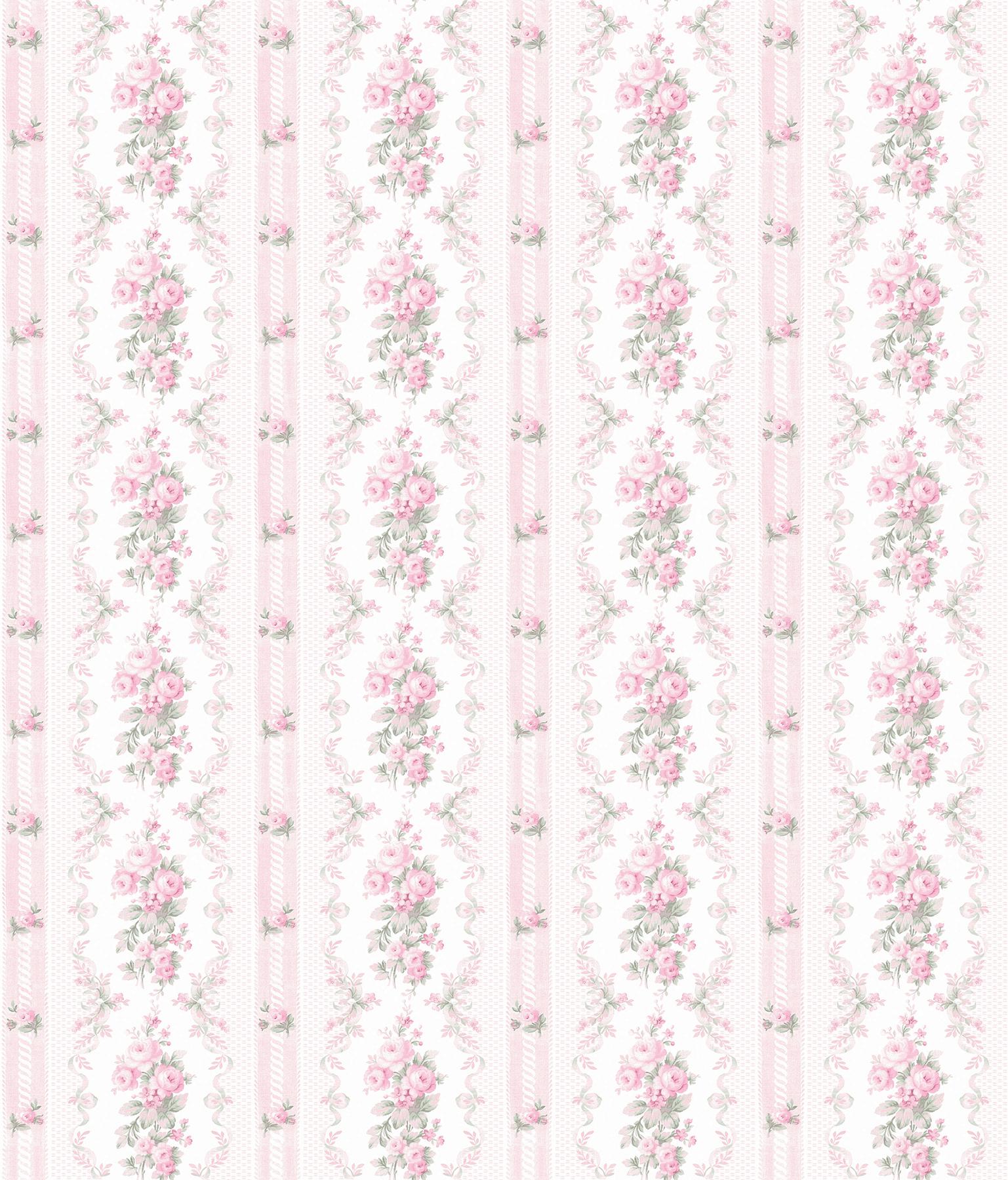 Vintage shabby Chic Floral Stripe Wallpaper White / Pink