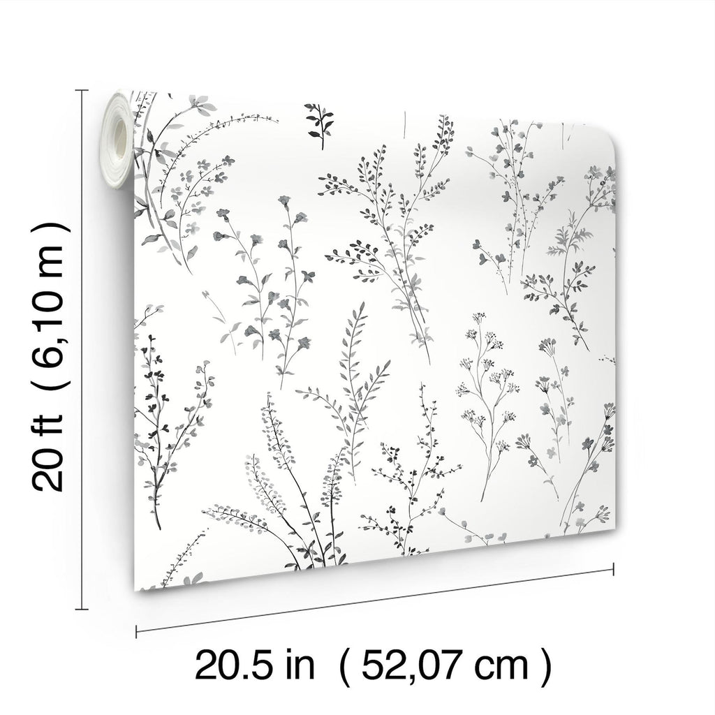 York Black & White Wildflower Sprigs Peel & Stick Black Wallpaper