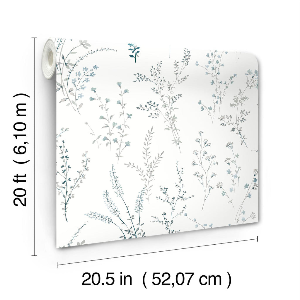 York Blue & Green Wildflower Sprigs Peel & Stick Blue Wallpaper