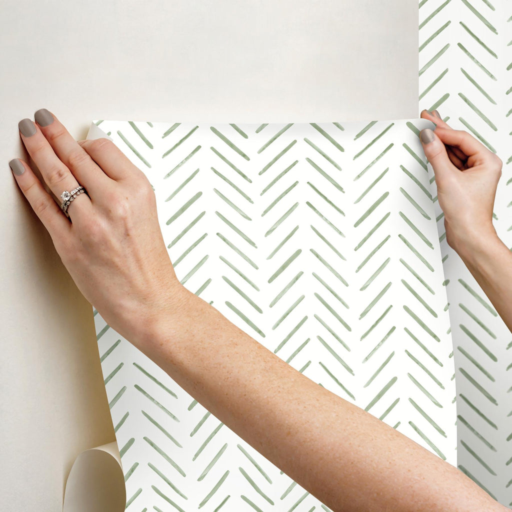 York Fern Painted Herringbone Peel & Stick Green Wallpaper