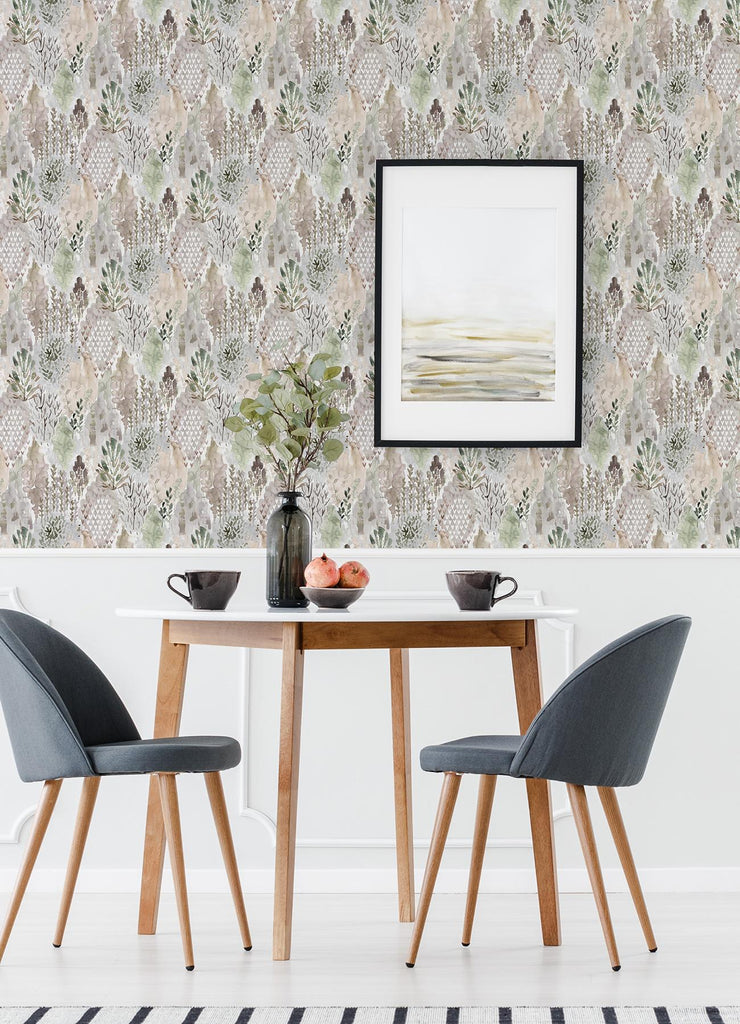 RoomMates Taupe Watercolor Tree Mosaic Peel & Stick Neutral Wallpaper