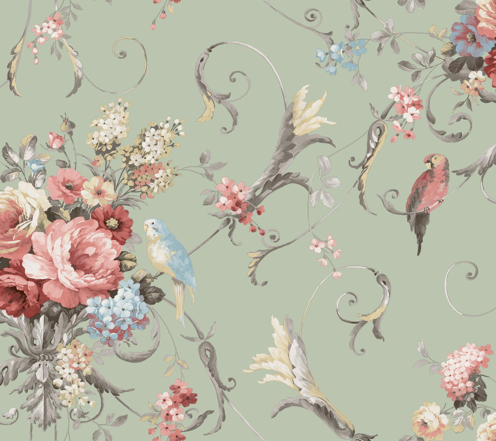 York Eucalyptus Parrots With Floral Bouquets Peel & Stick Green Wallpaper