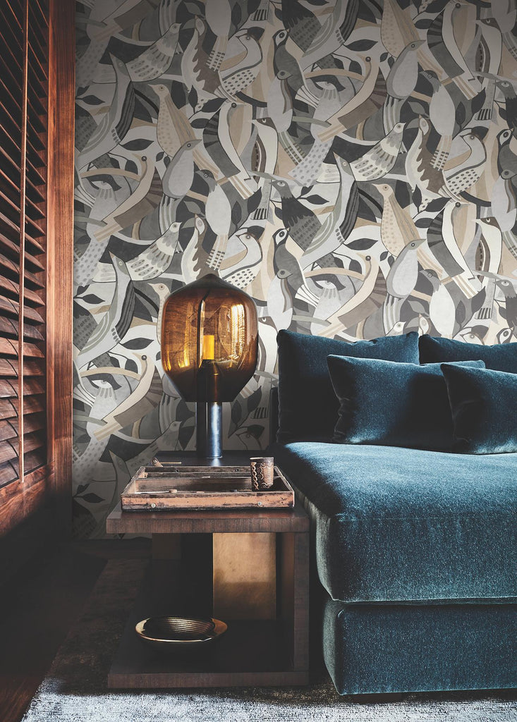 York Neutral Fauvist Flock Grey Wallpaper