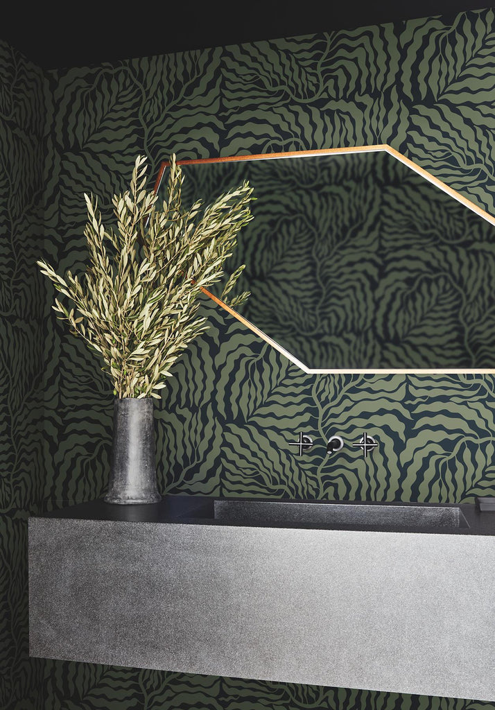 York Black & Green Fern Fronds Green Wallpaper