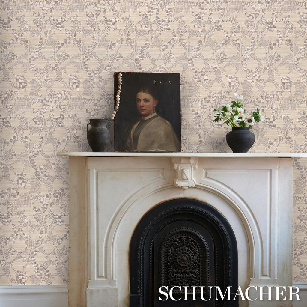 Schumacher Kantha Embroidered Flower Sisal Carbon Wallpaper