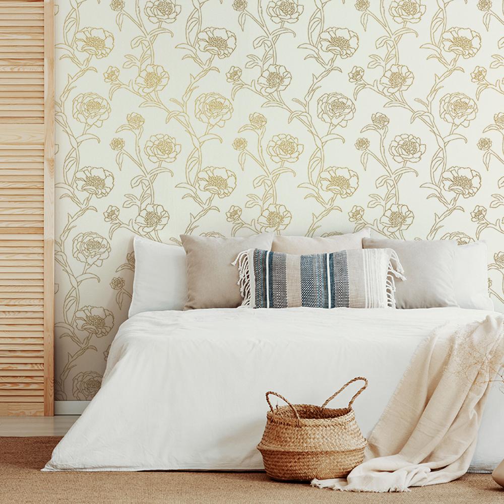 DecoratorsBest Delicate Peony Ivory and Metallic Gold Peel and Stick Wallpaper, 28 sq. ft.