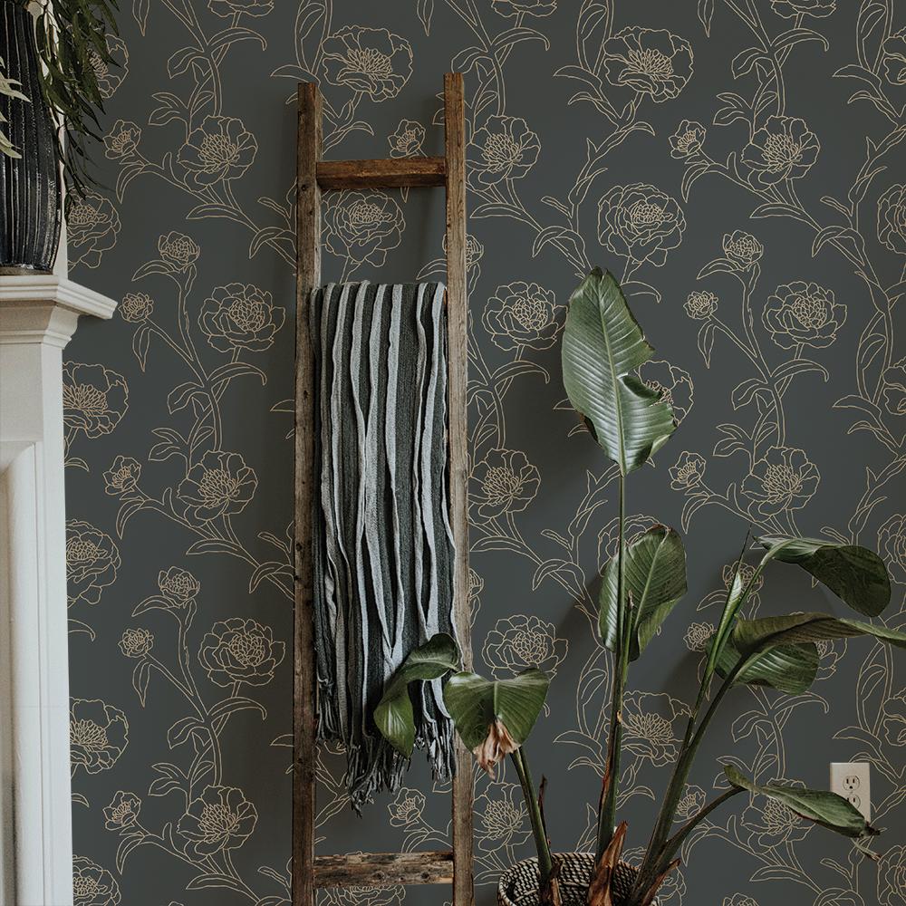 DecoratorsBest Delicate Peony Black and Metallic Gold Peel and Stick Wallpaper, 28 sq. ft.