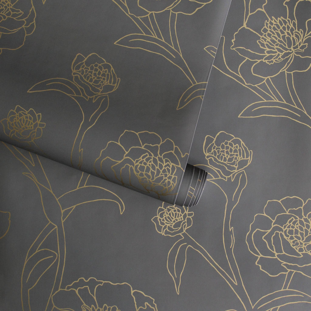 DecoratorsBest Delicate Peony Black and Metallic Gold Peel and Stick Wallpaper, 28 sq. ft.