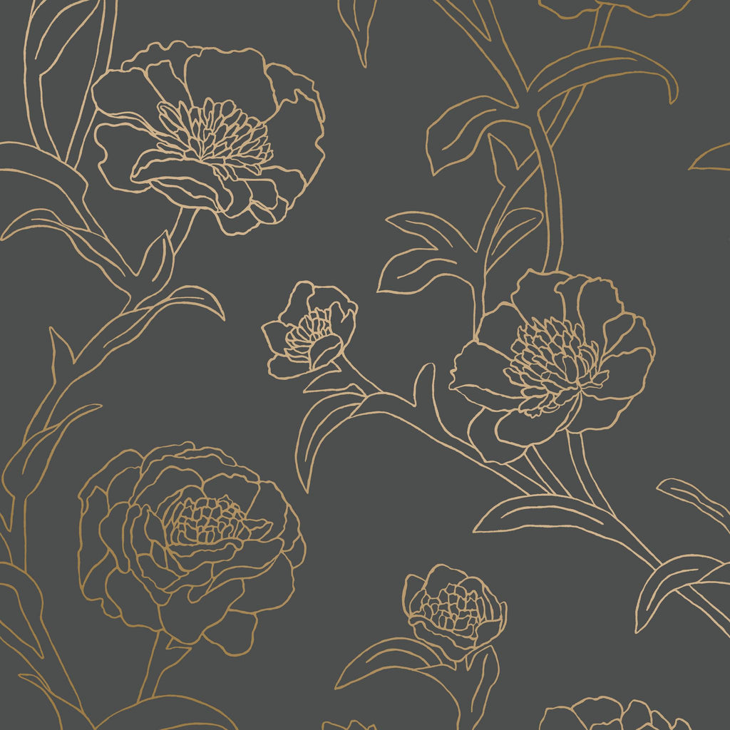 DecoratorsBest Delicate Peony Black and Metallic Gold Peel and Stick Wallpaper, 28 sq. ft.