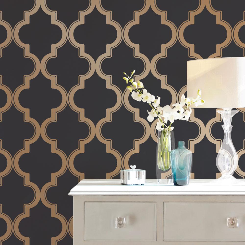 DecoratorsBest Arabesque Black and Gold Peel and Stick Wallpaper, 28 sq. ft.