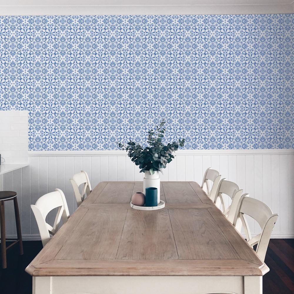 DecoratorsBest Ornate Tile Blue Peel and Stick Wallpaper, 28 sq. ft.