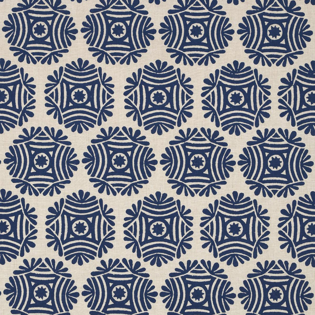 Schumacher Gilded Star Block Print Navy On Natural Fabric