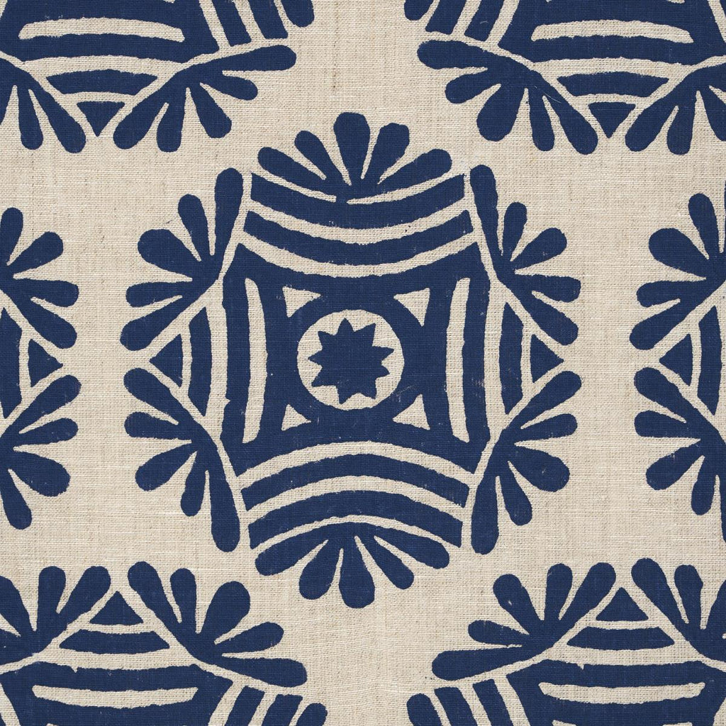 Schumacher Gilded Star Block Print Navy On Natural Fabric