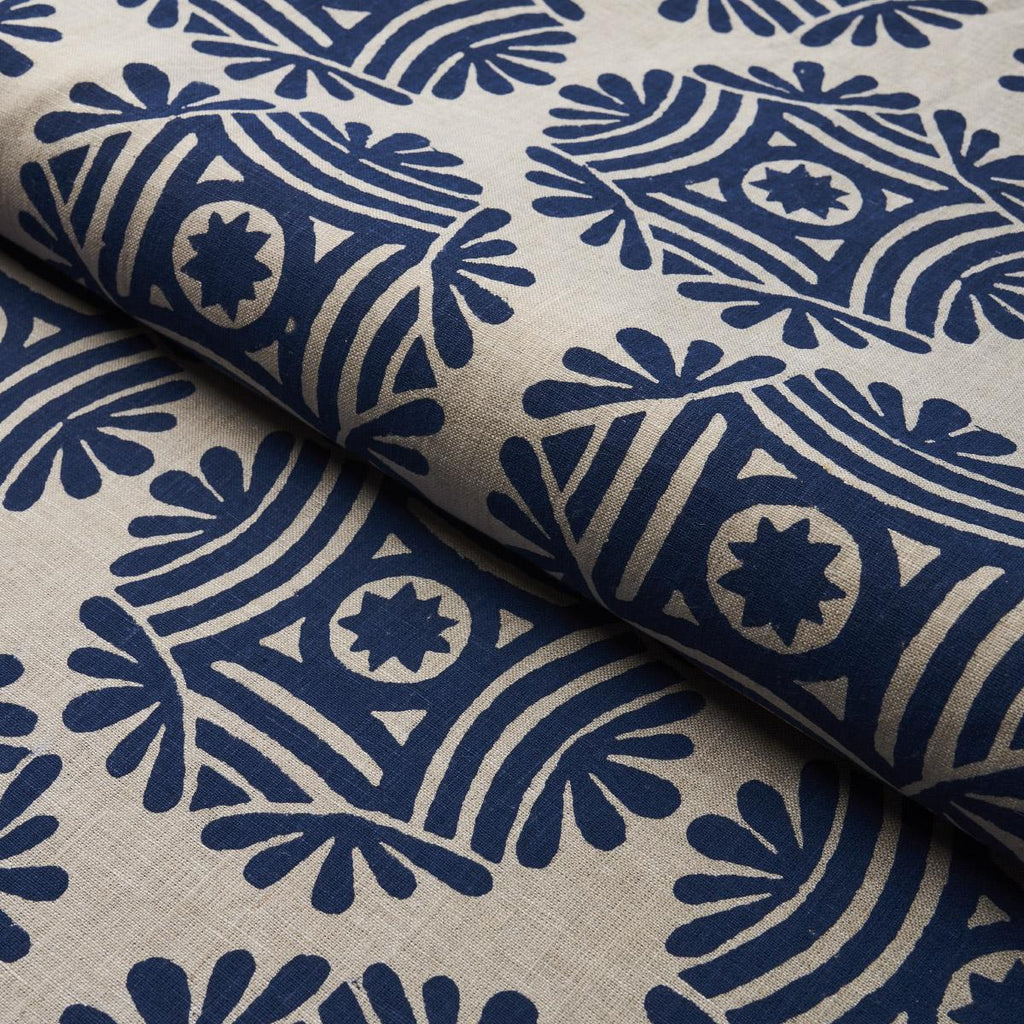 Schumacher Gilded Star Block Print Navy On Natural Fabric