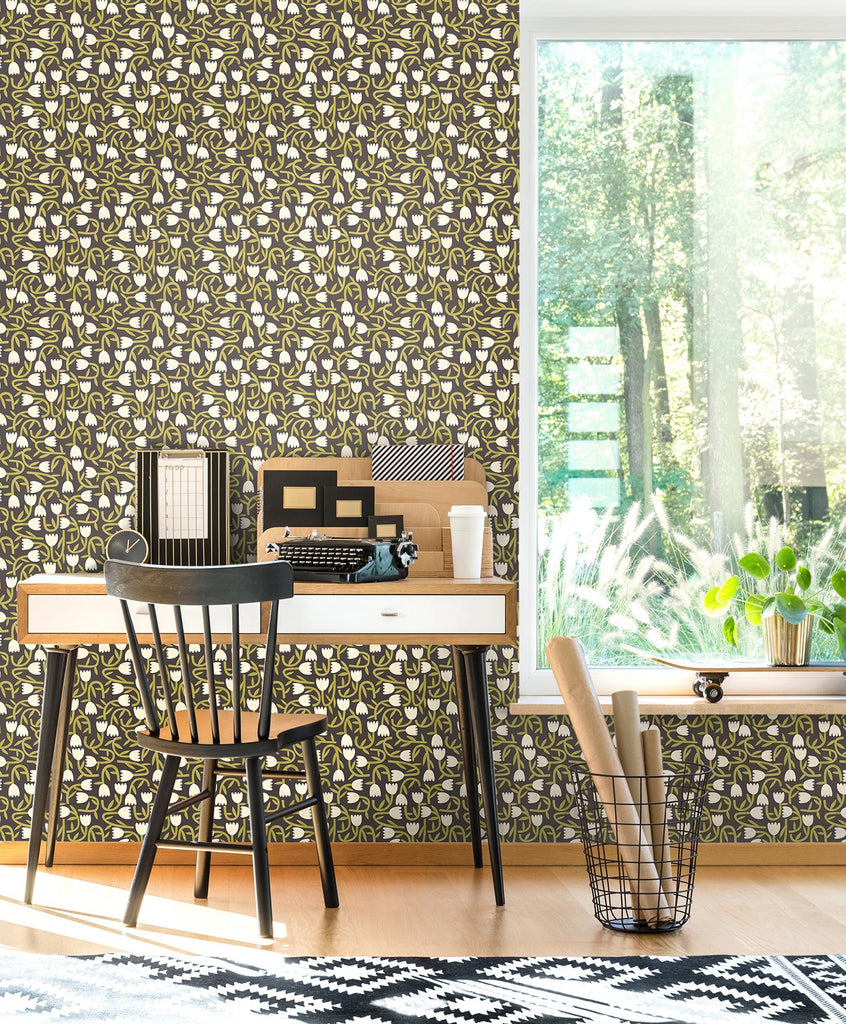 Brewster Home Fashions Aino Black Tiny Tulip Wallpaper