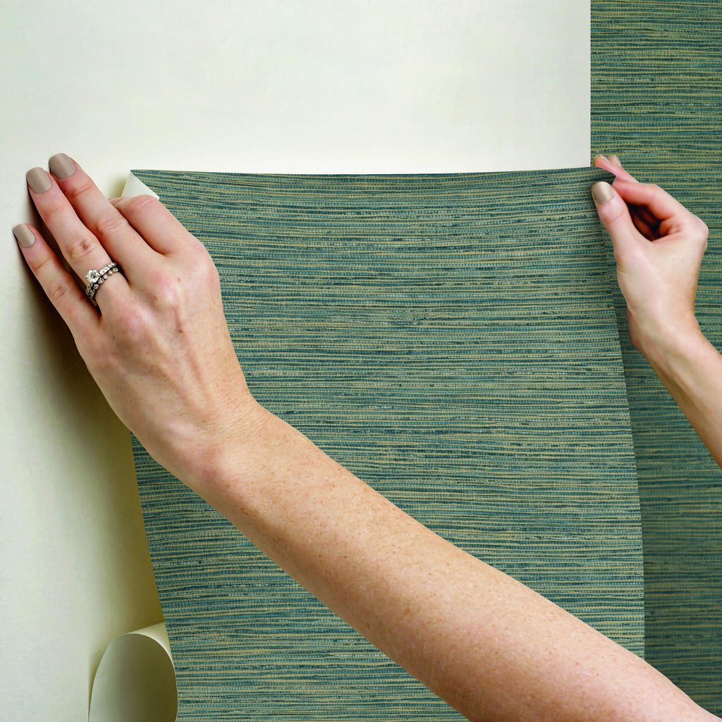 RoomMates Teal Dimensional Grasscloth Peel And Stick Blue Wallpaper