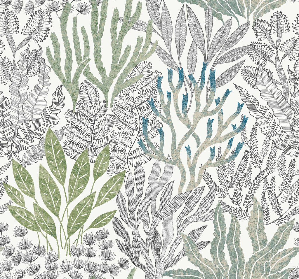 York Wallcoverings Coral Leaves Blue And Green Green Wallpaper