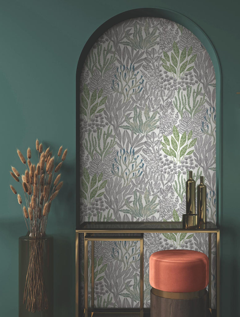 York Wallcoverings Coral Leaves Blue And Green Green Wallpaper