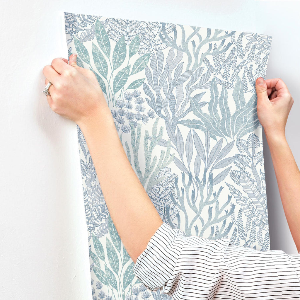 York Wallcoverings Coral Leaves Blue And Aqua Blue Wallpaper