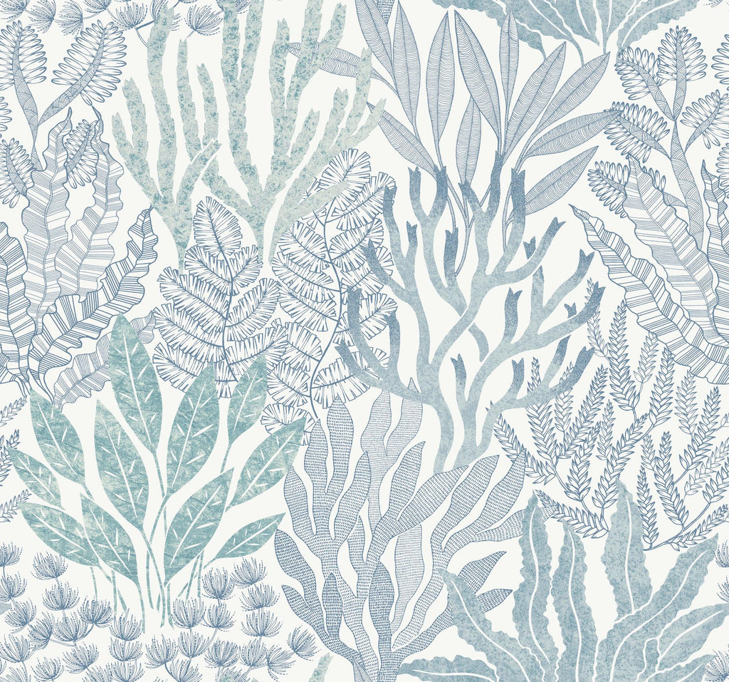 York Wallcoverings Coral Leaves Blue And Aqua Blue Wallpaper