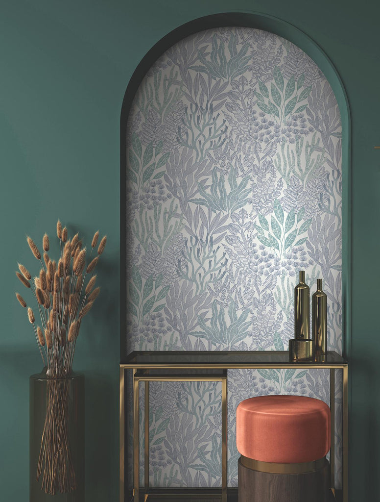 York Wallcoverings Coral Leaves Blue And Aqua Blue Wallpaper