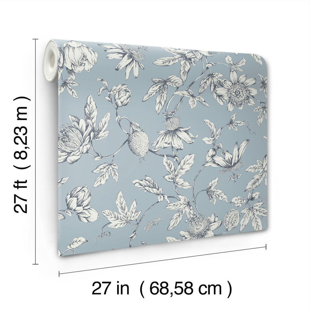 York Wallcoverings Passion Flower Toile Sky Blue Blue Wallpaper