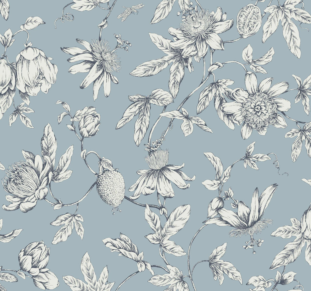 York Wallcoverings Passion Flower Toile Sky Blue Blue Wallpaper