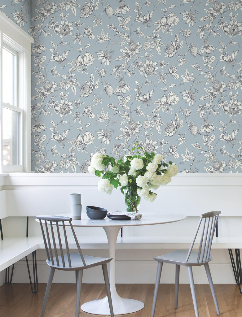 York Wallcoverings Passion Flower Toile Sky Blue Blue Wallpaper