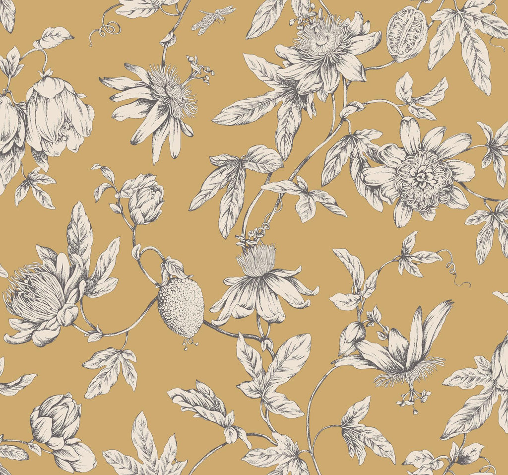 York Wallcoverings Passion Flower Toile Harvest Yellow Wallpaper