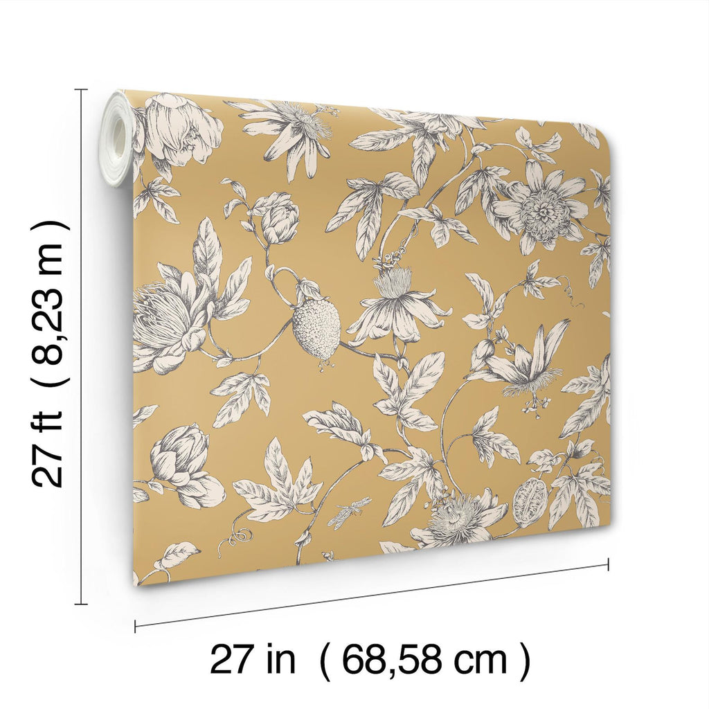 York Wallcoverings Passion Flower Toile Harvest Yellow Wallpaper