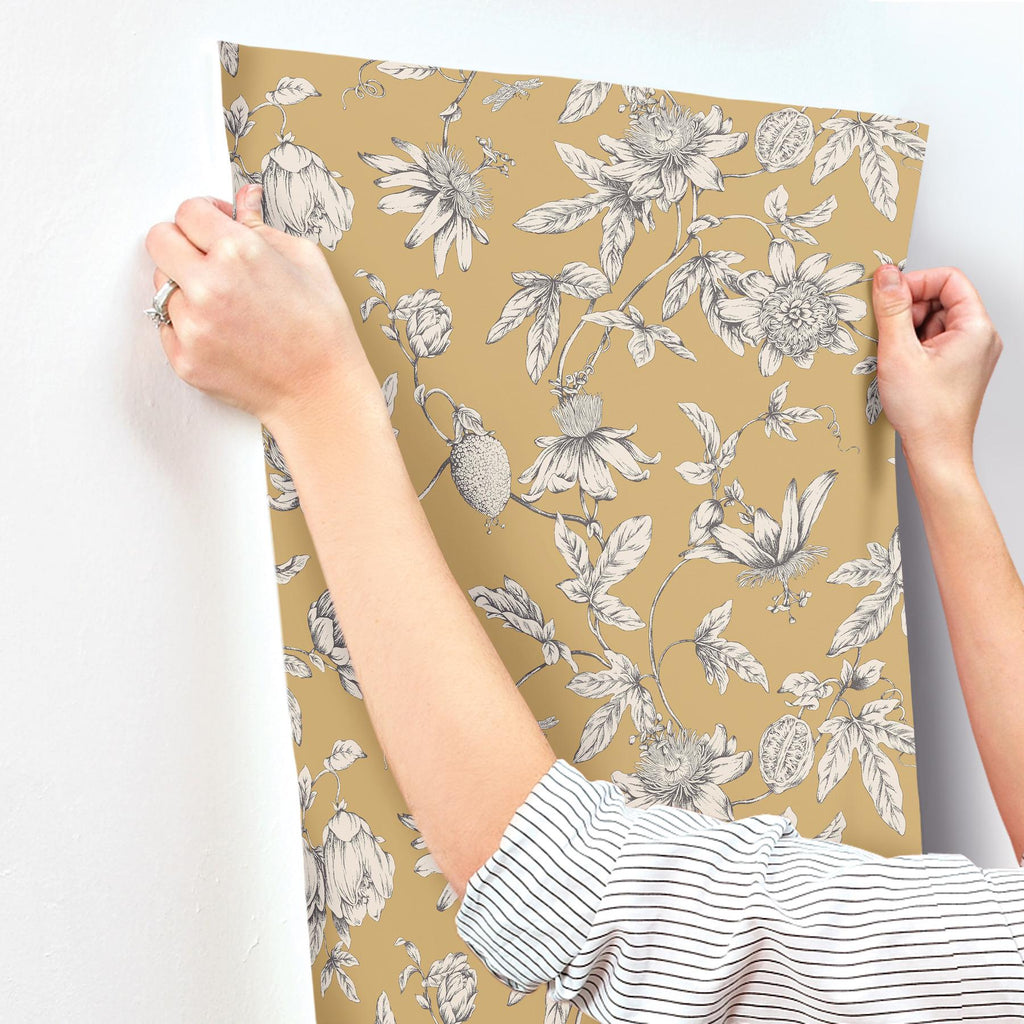 York Wallcoverings Passion Flower Toile Harvest Yellow Wallpaper