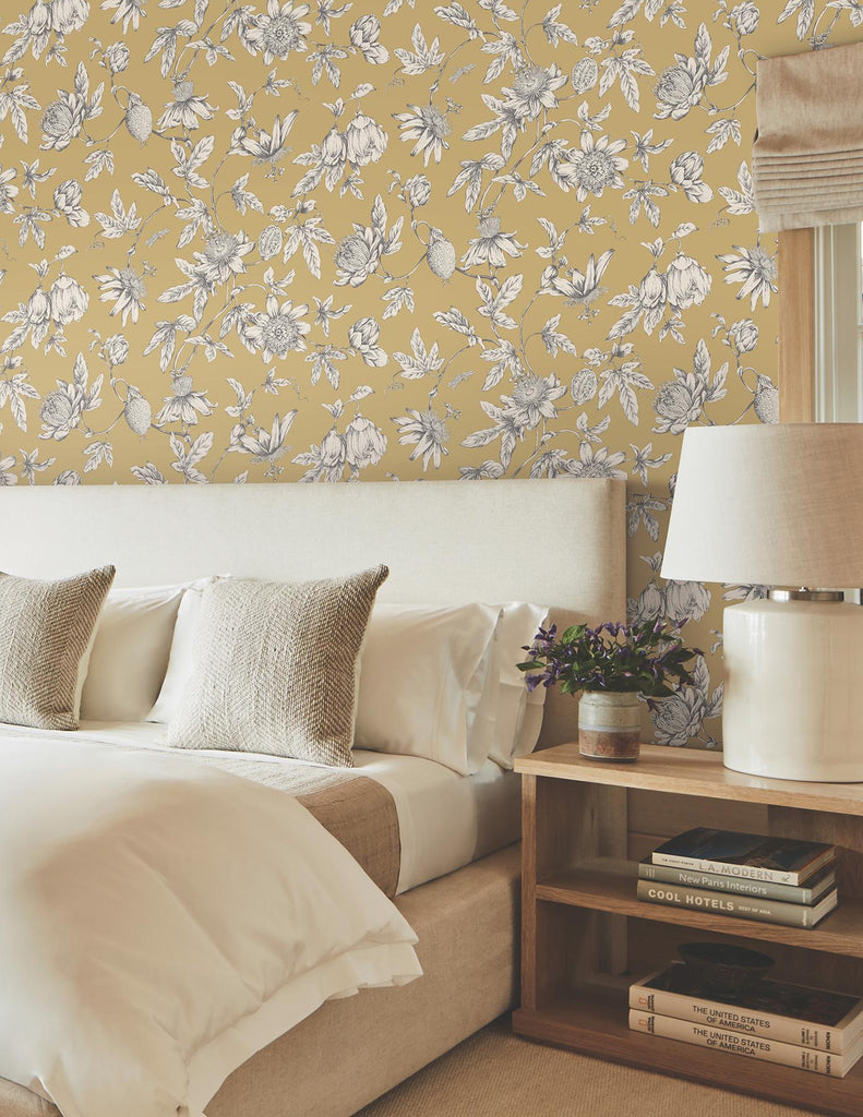 York Wallcoverings Passion Flower Toile Harvest Yellow Wallpaper