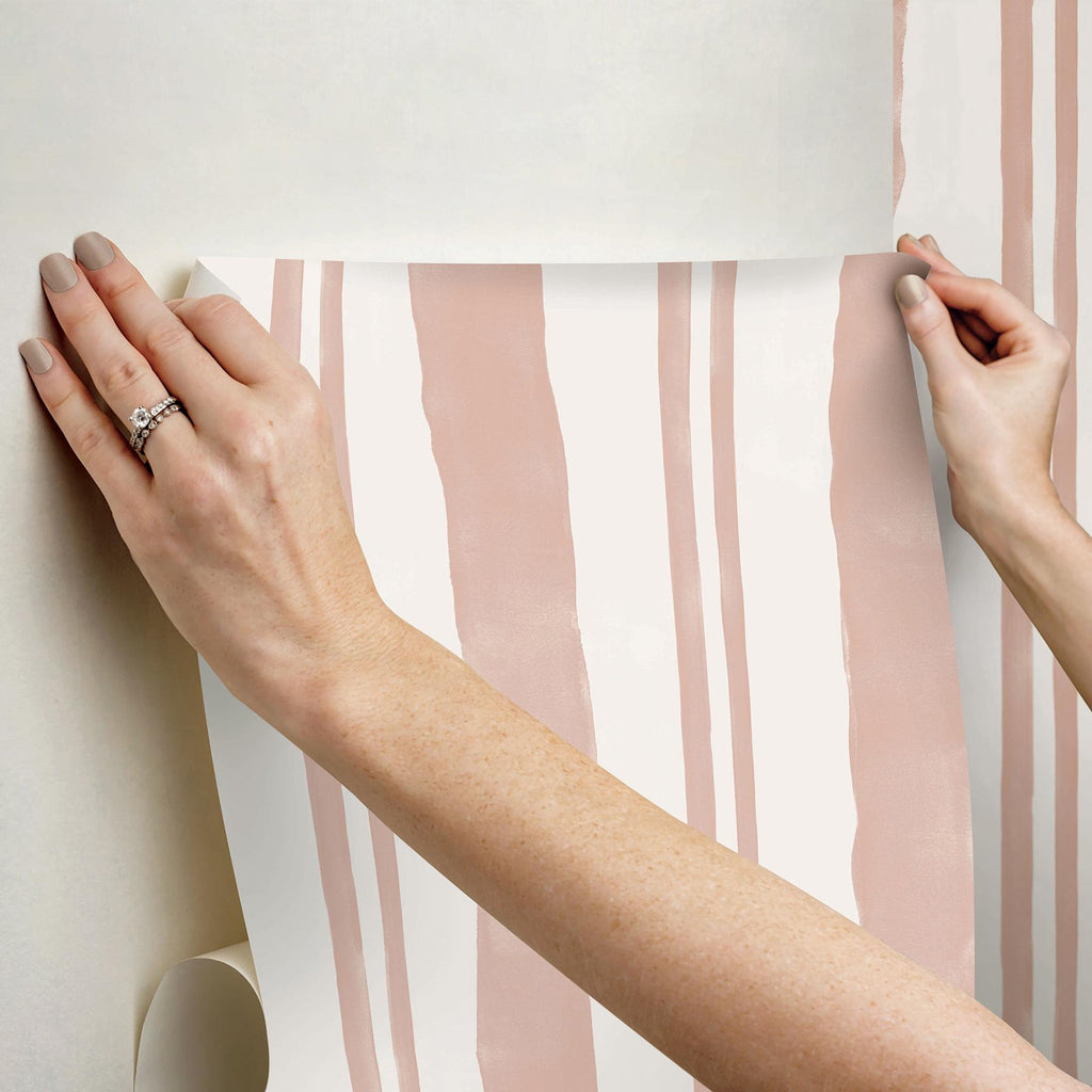 RoomMates Winston Watercolor Potter'S Clay Peach Stripe Peel And Stick Pink Wallpaper