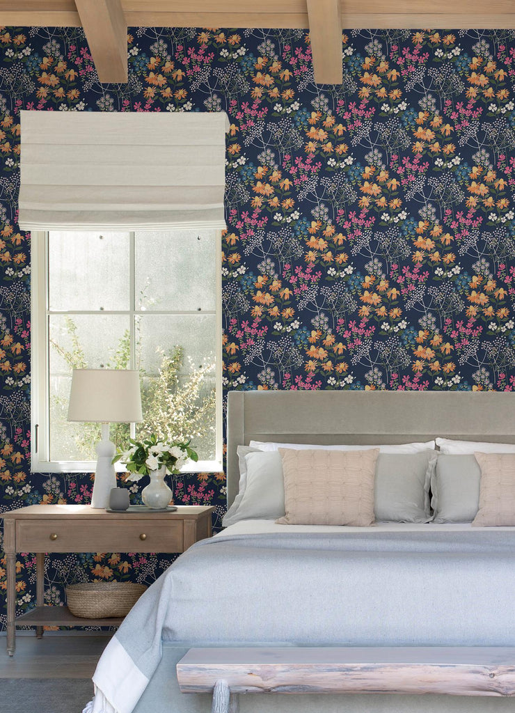 A-Street Prints Cultivate Navy Springtime Blooms Wallpaper