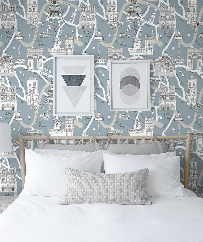 Seabrook Paris Scene Blue Wallpaper