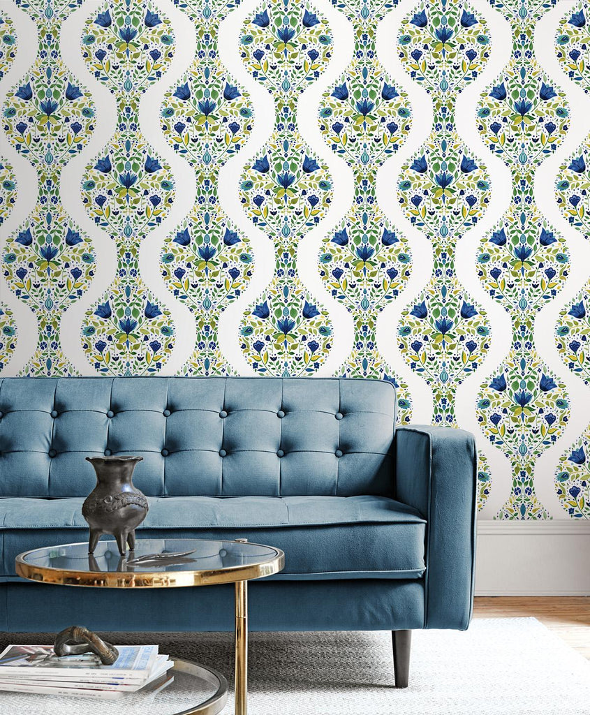 Seabrook Floral Ogee Green Wallpaper