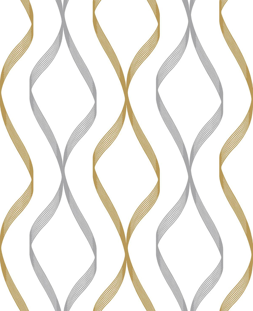 Seabrook Ogee Ribbon Silver Wallpaper