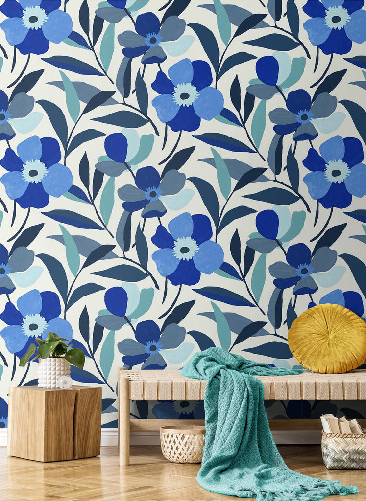 Seabrook Garden Block Floral Blue Wallpaper