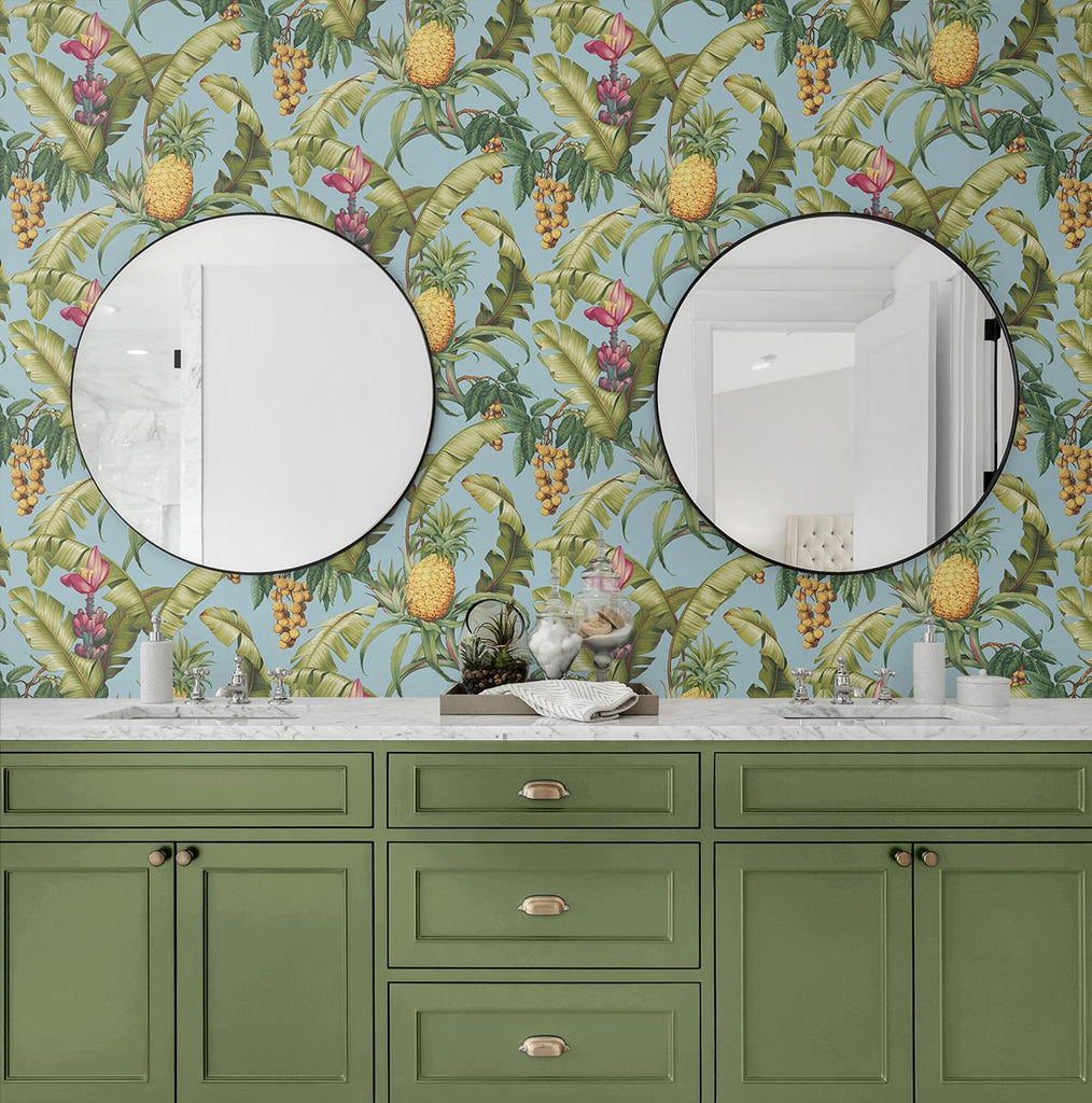 Seabrook Pineapple Floral Blue Wallpaper