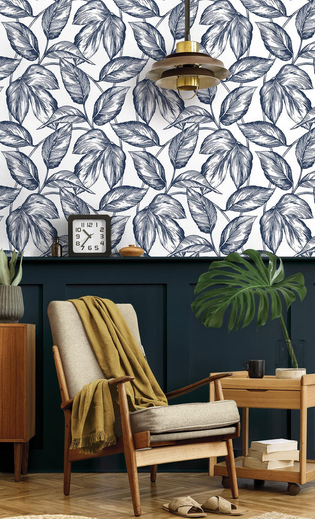 Seabrook Sketched Leaves Blue Wallpaper